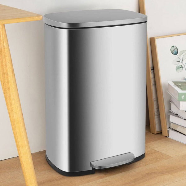 FDW 13.2 Gallon (50 Liters) Stainless Steel Trash Can, finger-proof, with Detachable Inner Bucket and Hinged Lid, Foot-Operated Trash Can, Home Office