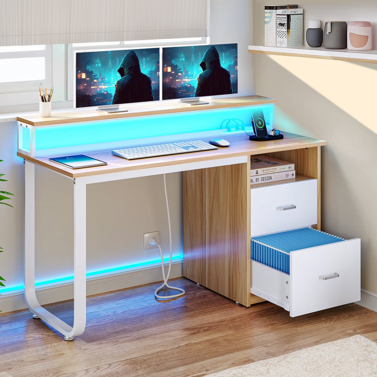 Dextrus 47 in Computer Desk with Storage Drawers & LED Light, Office Desk with Monitor Stand & Power Outlets, Work Study PC Desk for Small Spaces