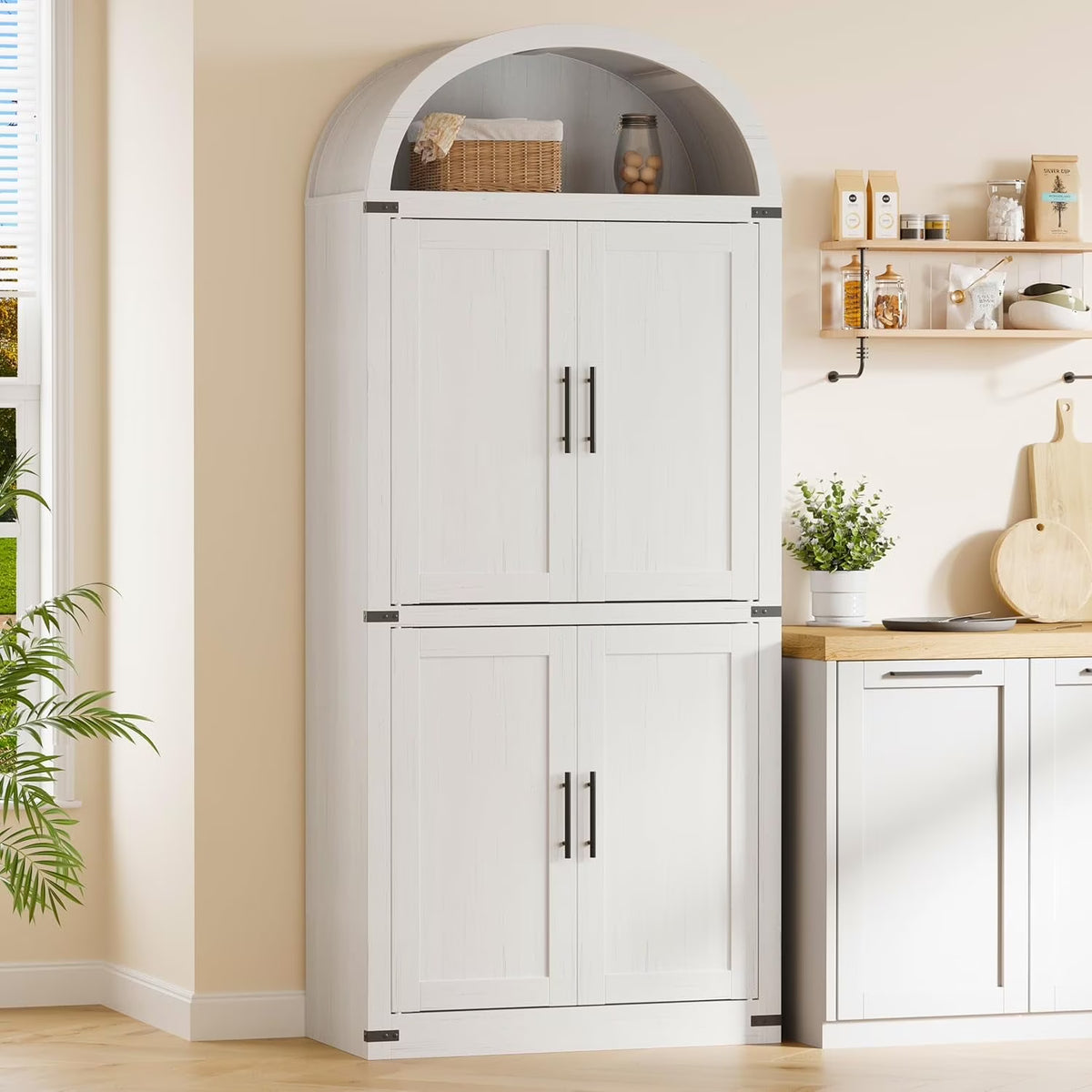 Garvee Arched Storage Cabinet, 71.6" Tall Kitchen Pantry with Doors, 5 - Tier Farmhouse Bookshelf, Large Wooden Display Cabinet for Kitchen, Dining