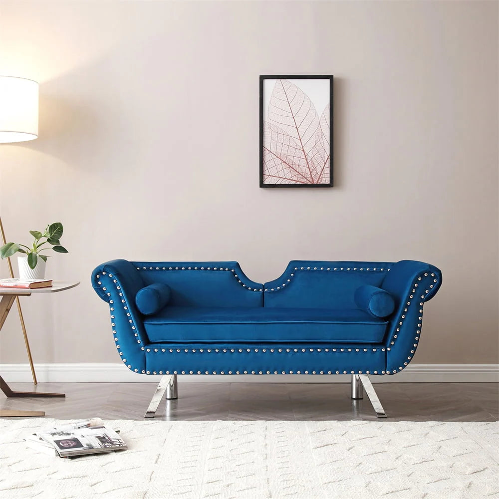 Mid Century Couch, 61 in Velvet Loveseat with 2 Pillows, Upholstered Sofa with Nailhead Trim and Roll Arm for Living Room Bedroom, 400 lb Weight