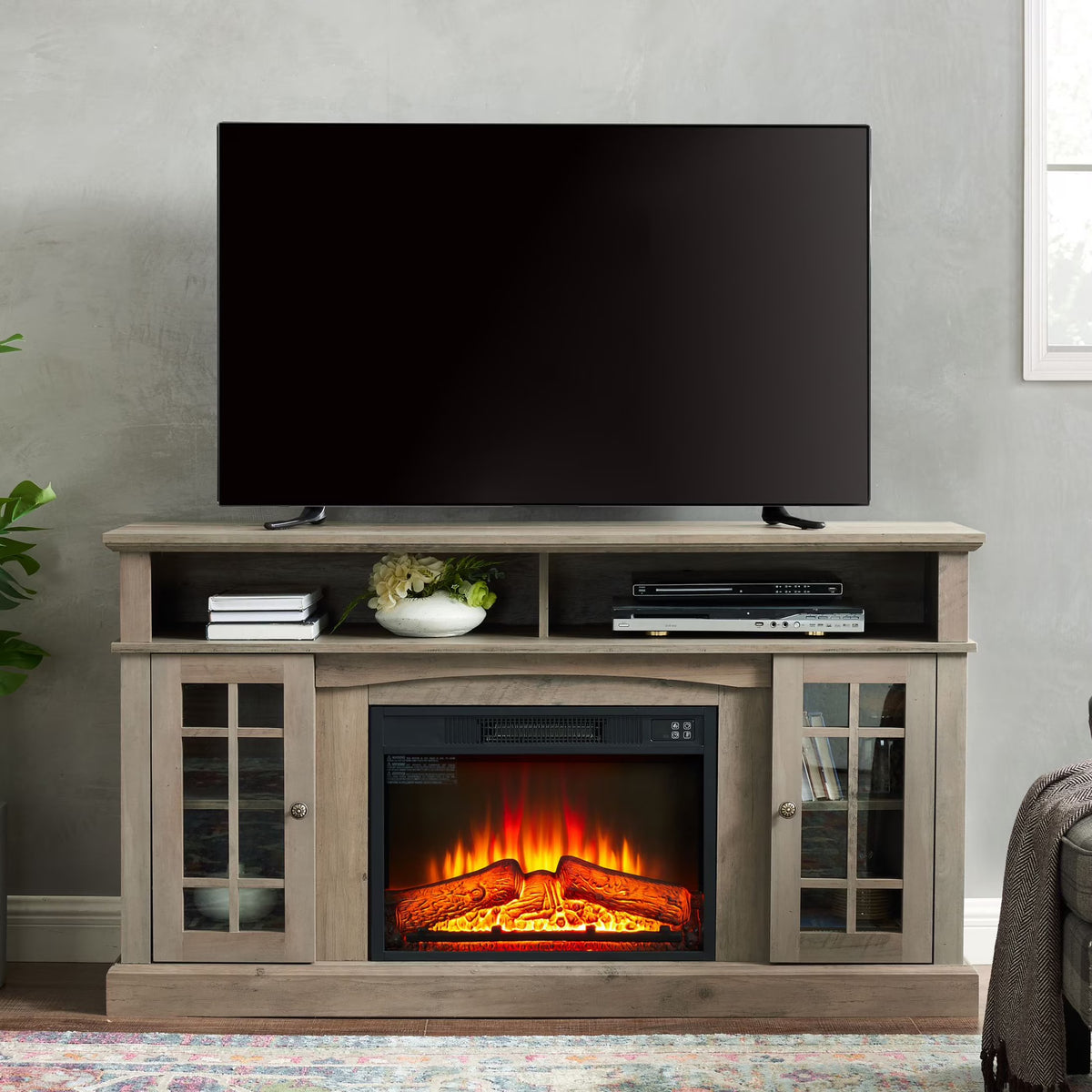 Sesslife Electric Fireplace TV Stand with Remote Control for 65 in TV, Farmhouse TV Console Table with Open Storage Shelves & 2 Cabinets, Wooden